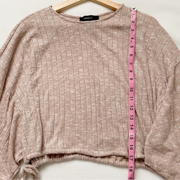 Pink Ribbed Drawstring Side Lantern Sleeve Crop Top - Picture 4 of 8